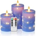 thumbnail image 1 of Flameless Candles 360 Degree Viewing Angle, with Starry String Lights, 3-Pack Fairy String Lights LED Candles, with 10-Key Remote Control, 24-Hour Timer Function, Dancing Flame, Real Wax(Blue)., 1 of 8