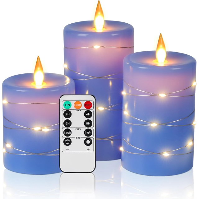 Flameless Candles 360 Degree Viewing Angle, with Starry String Lights, 3-Pack Fairy String Lights LED Candles, with 10-Key Remote Control, 24-Hour Timer Function, Dancing Flame, Real Wax(Blue).