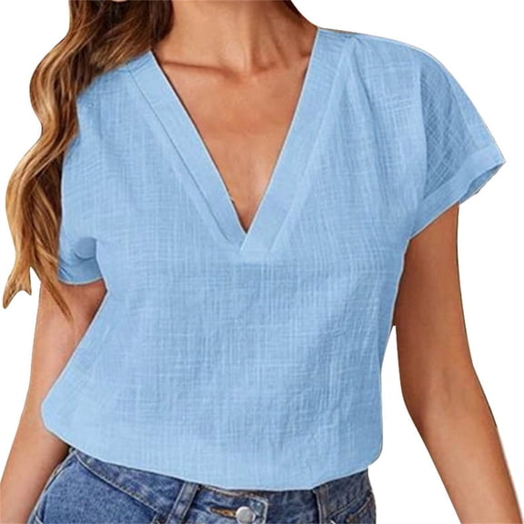 Outfmvch Linen Shirts for Women Linen Tunic Tops for Women V Neck Tops Outfits Short Sleeve Gauze Tops Cotton Linen Embroidered Tops Loose Gauze Tunics Blue L