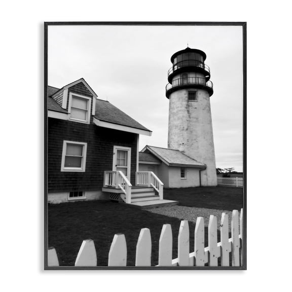 Stupell Industries Traditional Coastal Lighthouse with Fence Black Framed Giclee Art, 11 x 14, by Graffitee Studios