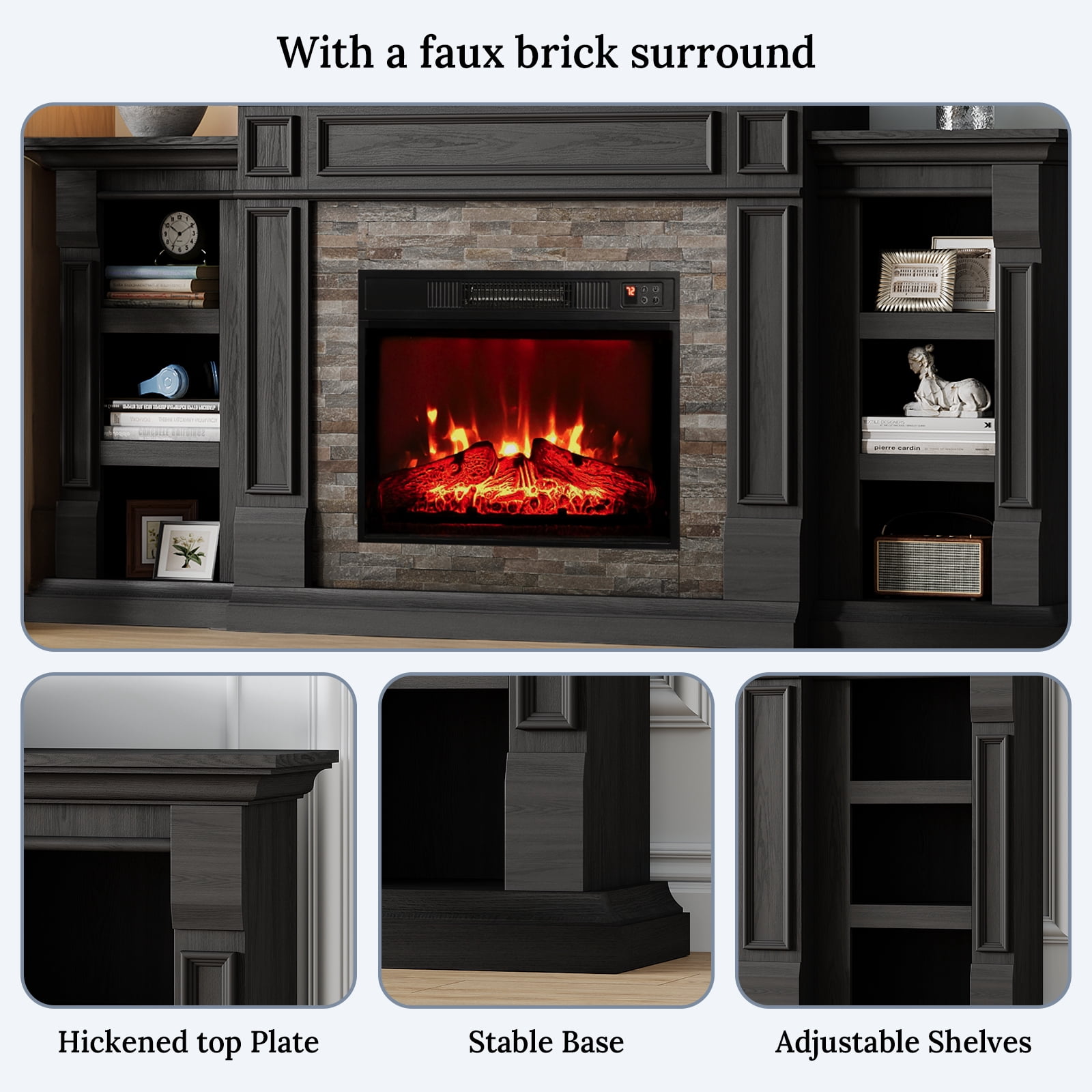 Holliwill 72" Electric Fireplace with Mantel, Farmhouse TV Stand for TVs up to 80", Entertainment Center with 23" Fireplace Insert Heater for Living Room, Bedroom, Black