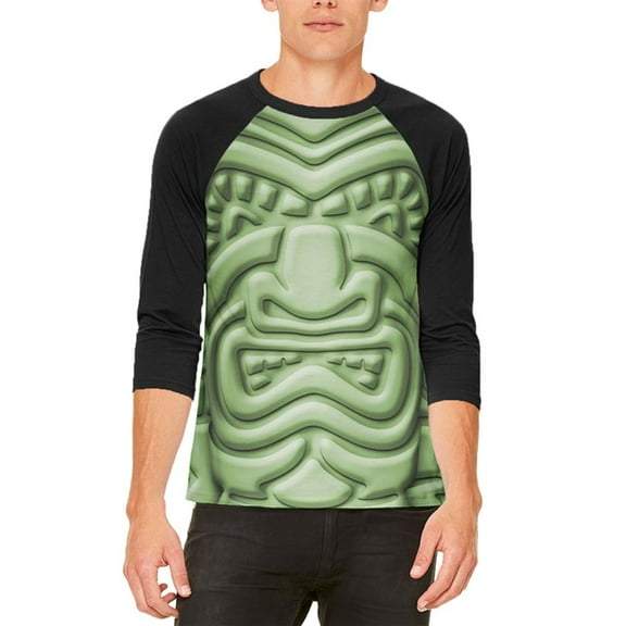 Tiki God Green Face Luau Mens Raglan T Shirt White-Black SM