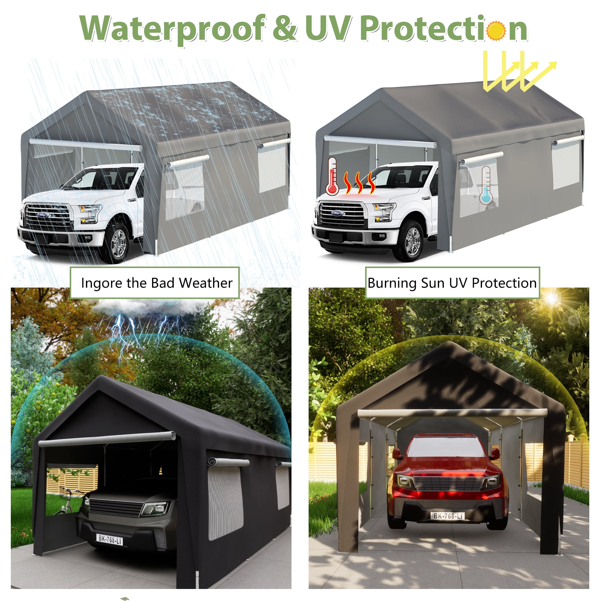GZXS 10ft x 20ft Heavy Duty Canopy Tent with Roll-up Ventilated Windows, Garage Carport with Steel Frame, Removable Sidewall & Door, Gray