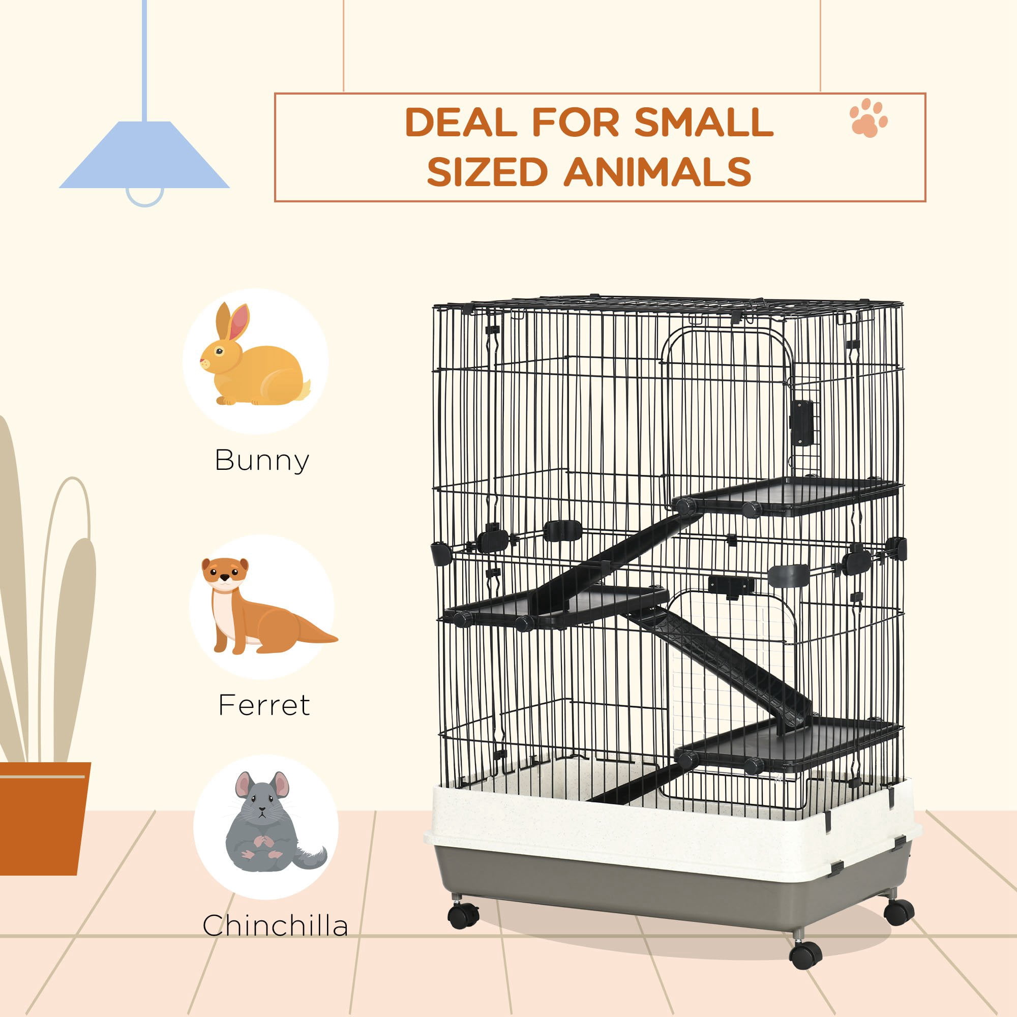 4-Level Small Animal Cage Rabbit Hutch with Wheels, Removable Tray, Platform and Ramp for Bunny, Chinchillas, Ferret, Black