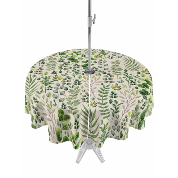 Outdoor Tablecloth with Umbrella Hole for Patio/Picnic/Party/Camping, Green Leaves Waterproof Table Cloth Round Cover Washable, Elegant Pastoral Summer Botanical Rustic (Dia 54")