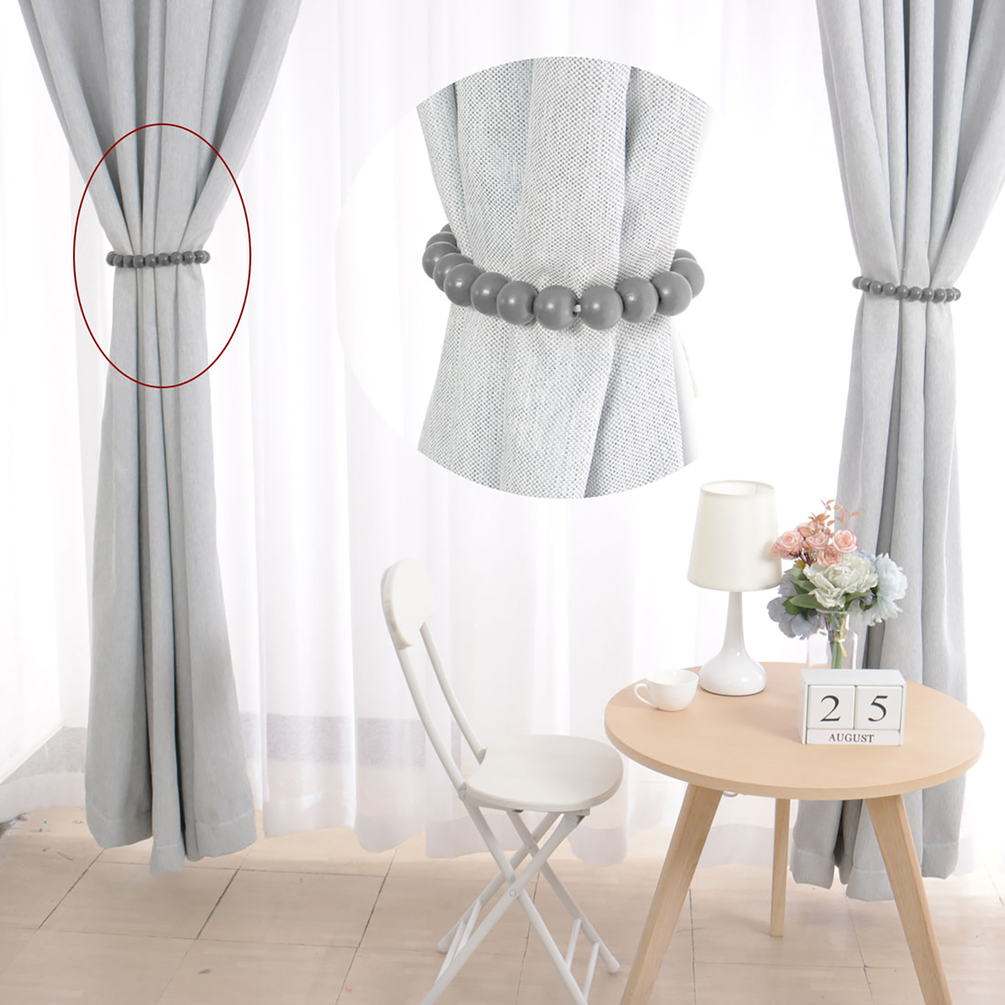 Curtain Tieback Window Curtain Wooden Beads Tiebacks Clips Holder Gray