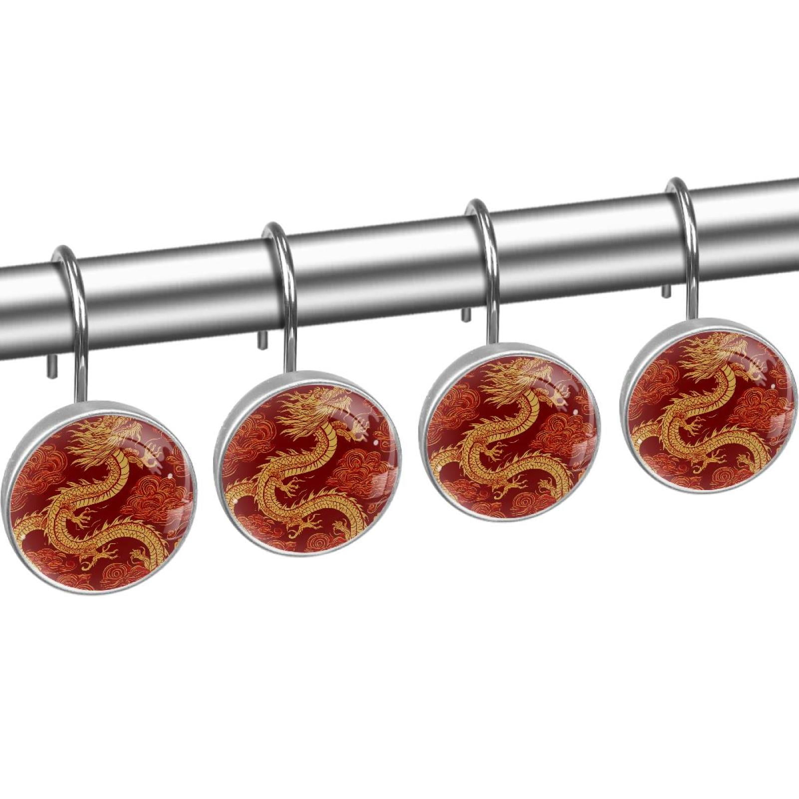 Gold Dragon Red Cloud Pattern Shower Curtain Hooks Round Crystal Glass, Set of 12 Shower Curtain Rings - Shower Hooks for Curtain Shower Rings