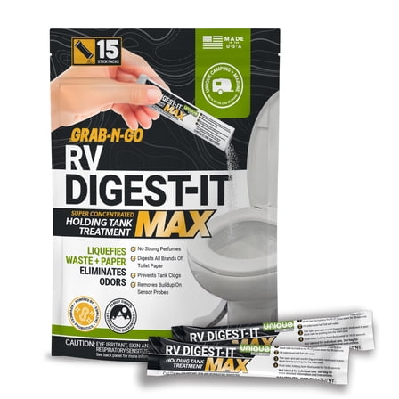 Unique RV Digest-It Max RV Toilet Treatment Stick Packs, 15 Count Grab-and-Go RV Tank Treatment, No-Mess, Pre-measured, Liquefies Waste and Paper, Odor Eliminator