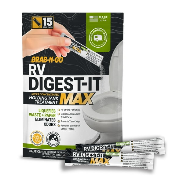 Unique RV Digest-It Max RV Toilet Treatment Stick Packs, 15 Count Grab-and-Go RV Tank Treatment, No-Mess, Pre-measured, Liquefies Waste and Paper, Odor Eliminator