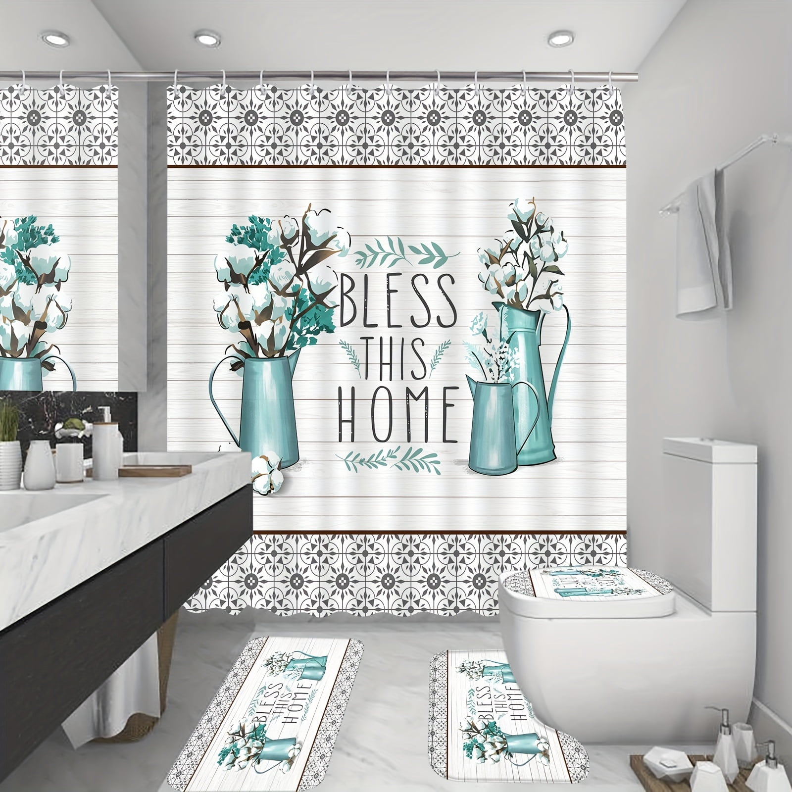 4pcs Pattern Shower Curtain Set, Waterproof Shower Curtain with 12 Hooks, Non-Slip Bathroom Rug, Toilet U-Shape Mat, Toilet Lid Cover Pad, Bathroom Decor, Shower Curtain Sets For Bathrooms