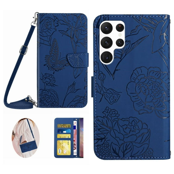 Decase Samsung Galaxy S22 Ultra Wallet Case, Slim 3D Butterfly Flower Embossed Pattern Adjustable Shoulder Strap Folding Kickstand Cards Slots Wallet Case Cover for Samsung Galaxy S22 Ultra,Darkblue