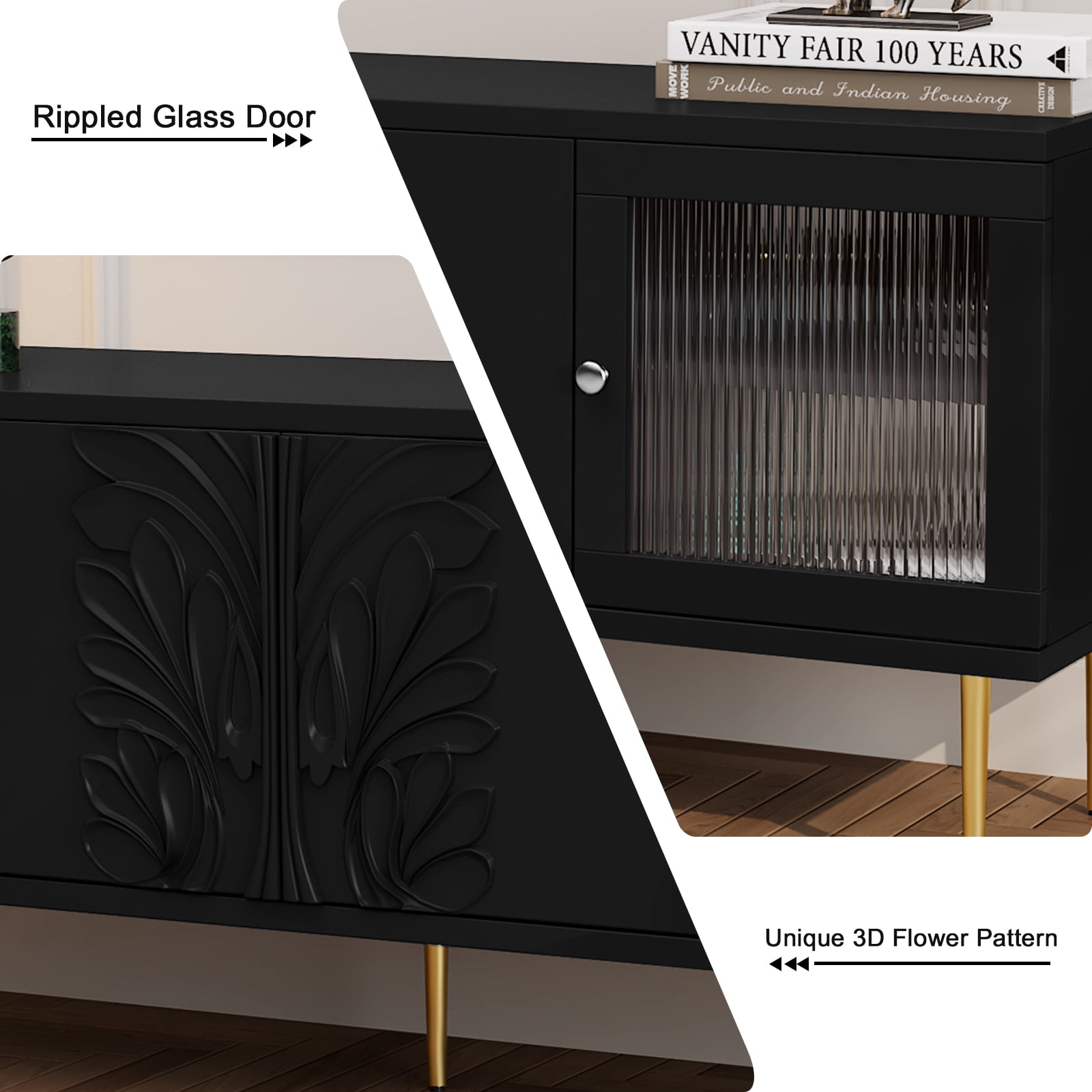 HLR 63" Modern Wood TV Stand with 3D Flower Pattern For TVs Up to 75", Entertainment Center with Storage, Black