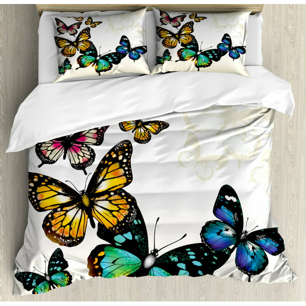 Butterfly Duvet Cover Set Queen Size, Vivid Monarch Butterflies Flying ...