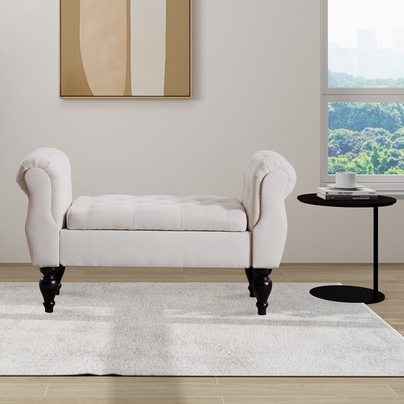 Storage Bench with Arms End of Bed Bench, Linen Entryway Bench with Storage, Button Tufted Upholstered Ottoman Bench Wood Legs, Window Sitting Bench for Bedroom/Living Room/Hallway, Beige