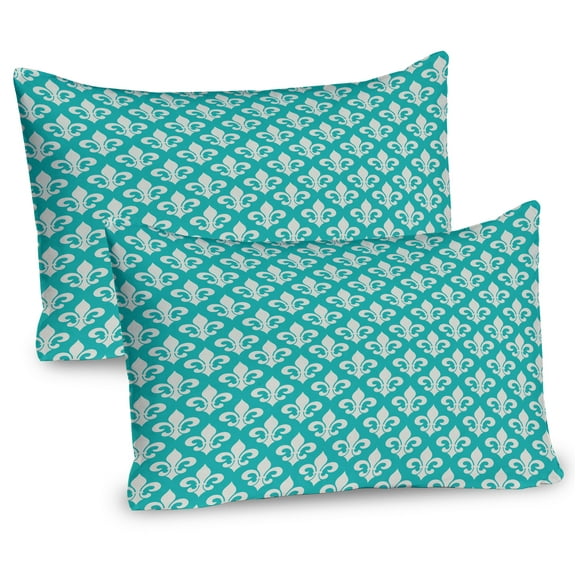 Ambesonne Fleur de Lis Pillow Sham 2 Pack, Rococo Effects, 26"x20", Turquoise and Beige