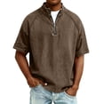thumbnail image 2 of Mens Quarter Zip Pullover Vintage Distressed Stand Collar Polo Denim Sweatshirts Loose Casual Mock Neck Golf Shirts (Brown,L), 2 of 8
