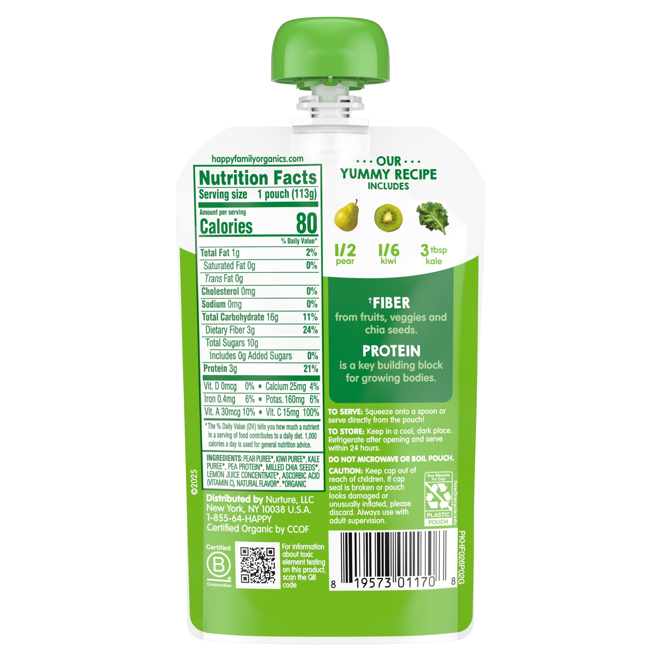 (12 pack) Happy Tot Organics Fiber & Protein Stage 4, Pears Kiwi & Kale Organic Tot Food, 4 oz. Pouch