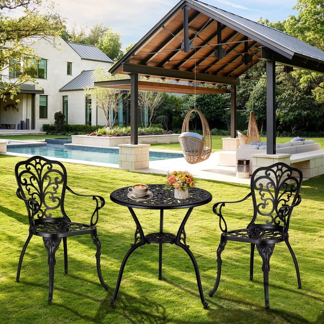 Cast Aluminum Bistro Set – 3-Piece Weather-Resistant Patio Table & 2 Chairs – Umbrella Hole – Garden Stool – Backyard, Balcony, Porch & Poolside