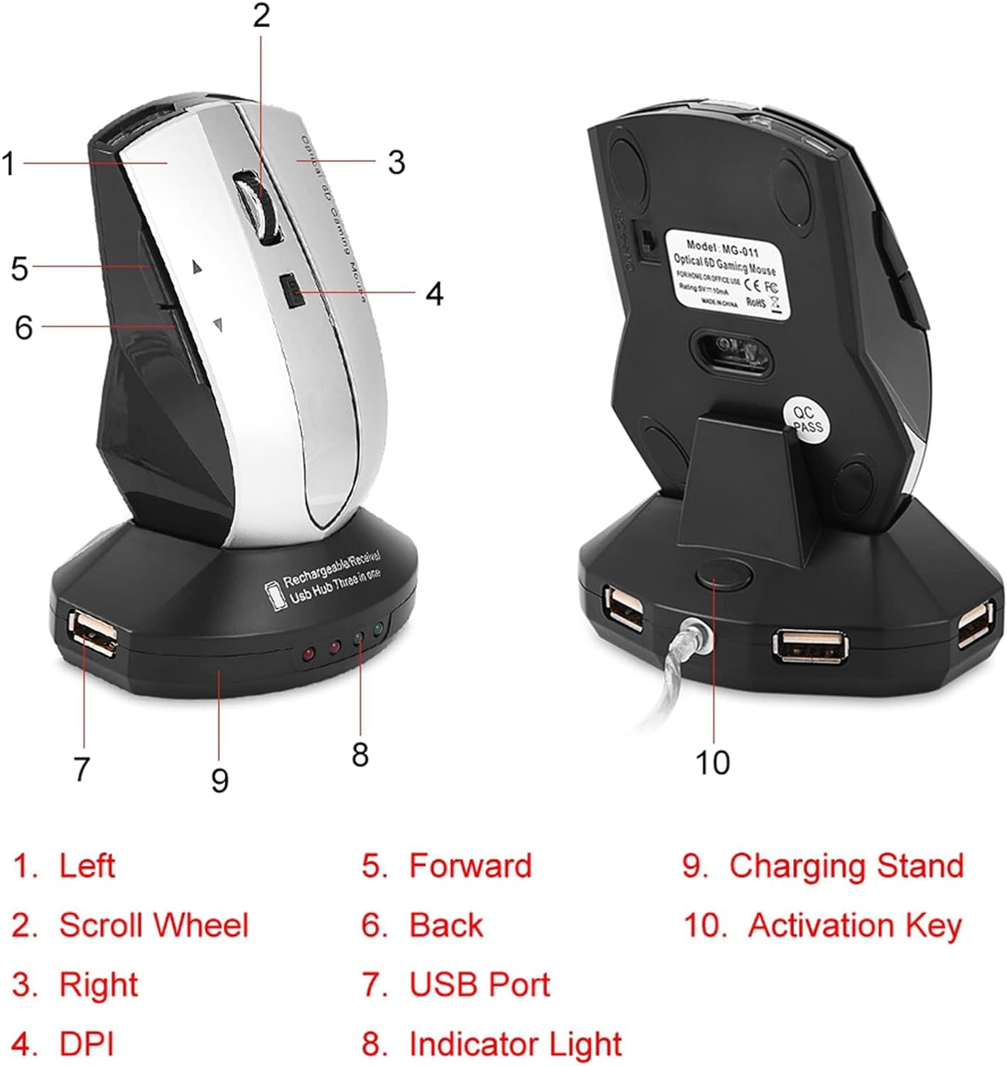 FIGT-Rechargeable Wireless Gaming Mouse with Charging Dock Stand, 2.4G 3 Port USB Hubs Cordless Mice, for PC Laptop (Gray)【0516】