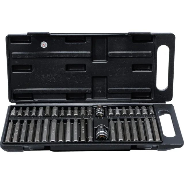 puntas combinadas allen bristol torx spline 40 pz | bgs 7073 Juego de 40 puntas en estuche negro abierto con adaptadores 1/2 (12,5 mm) y 3/8 (10 mm); filas de puntas hexagonales de 30 y 75 mm para 4–12 mm, puntas Torx T20–T55 y XZN M5–M12 en acero cromo vanadio, organizadas ordenadamente; también adecuado para llevar en maletín de herramientas portátil.