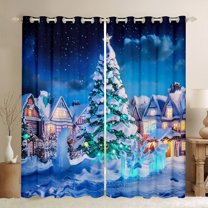 Manfei Winter Xmas Tree Black Out Curtains for Kids, Blue Christmas Eve Curtains Pack of 2 (42x63 Each), Western Festival Bedroom Curtains, Curtains and Drapes Decor