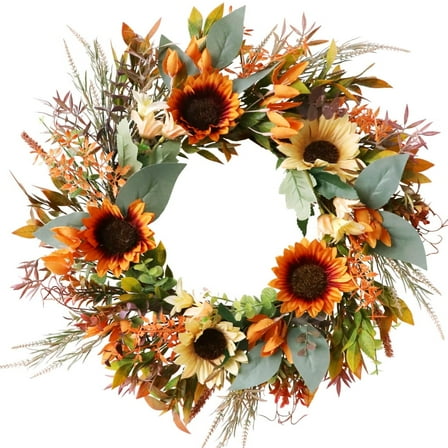 Januofit 20Inch Fall Wreaths for Front Door Outside- Pinkpuii Artificial Autumn Wreath with Sunflowers,Thanksgiving Harvest Wreath- Indoor Outdoor Farmhouse Home Decor