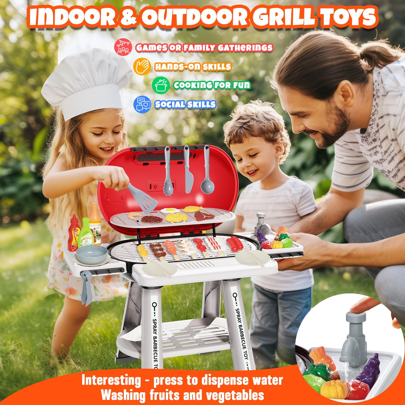 Kids Grill Play Kitchen Toys, Kids BBQ Grill Kitchen Playset with Smoke,  Sound Light, 2-Layer Barbecue Play Food Toys Cooking Set,Indoor Outdoor 