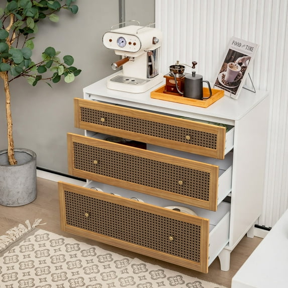 Vicamelia 3-Drawer Rattan Drawers Chest, Modern Closet Dresser Storage Cabinet for Living Room Bedroom, White&Brown