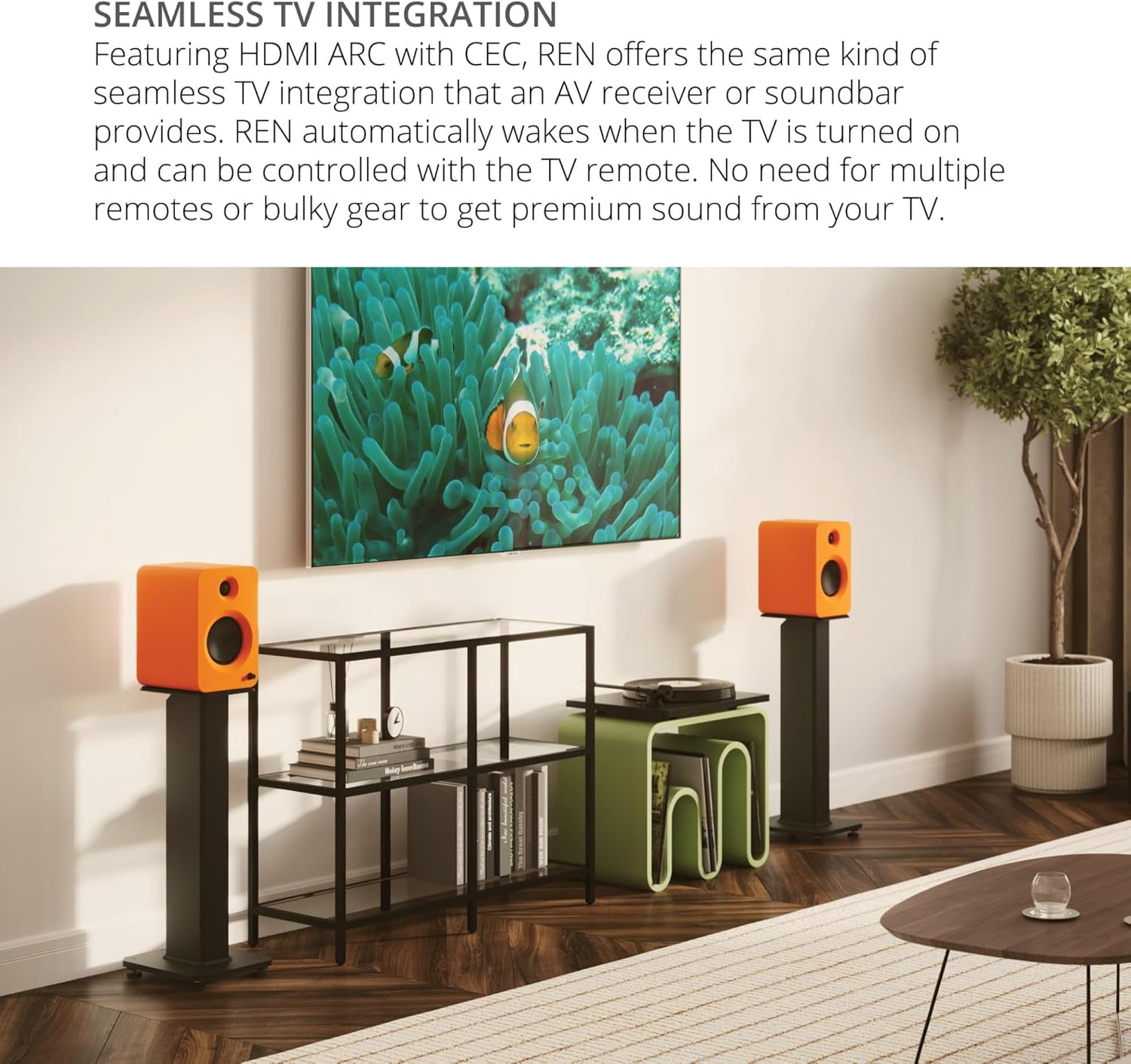 Kanto REN MO Bluetooth Powered Bookshelf Speakers - Matte Orange Pair with Kanto S6W Angled Desktop Speaker Stands for Large Speakers - White Pair (2024)