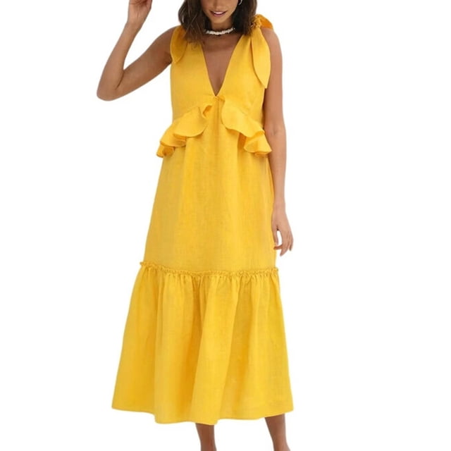 Robe Maxi à Étages Sans Manches à Col en V pour Femme, Plage, à Bretelles à Nouer, Smockée, Longue, Plissée, Robe d'Été Jaune G