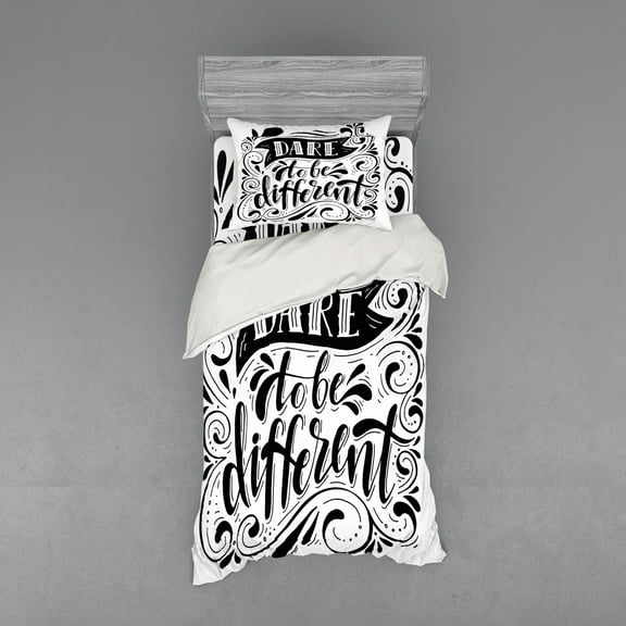 Saying Duvet Cover Set, Monochromatic Design Dare to Be Different Lettering Curly Ornaments, Bedding Set with Shams and Fitted Sheet, 3 Sizes, by Ambesonne