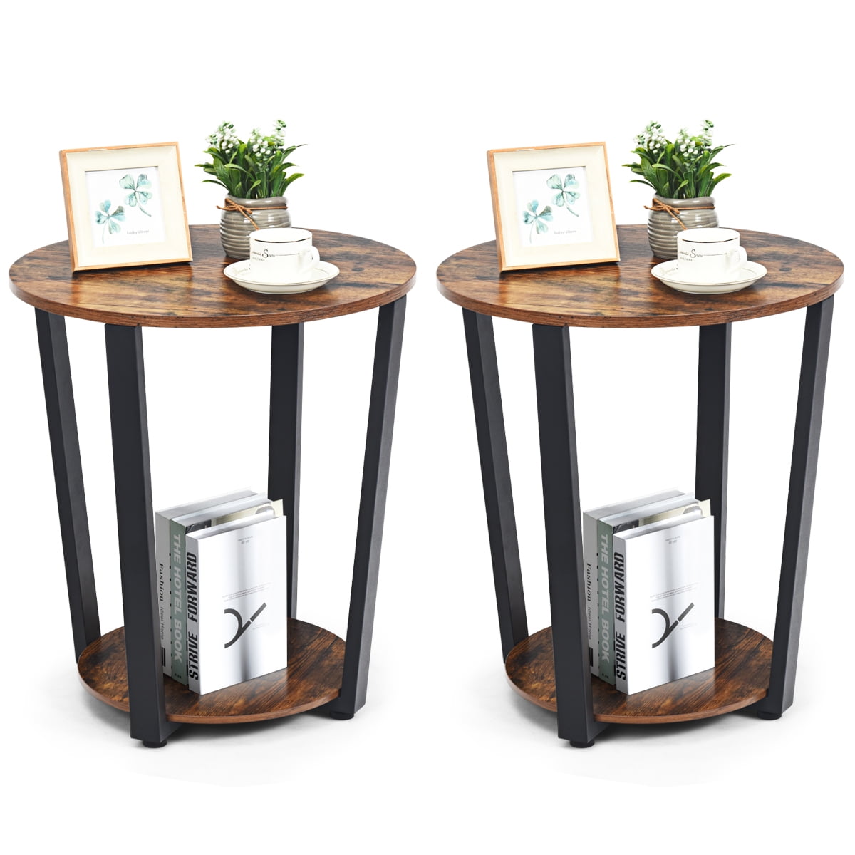 Set of 2 Industrial End Table 2-Tier Side Table with Storage Shelf Sofa Silver 