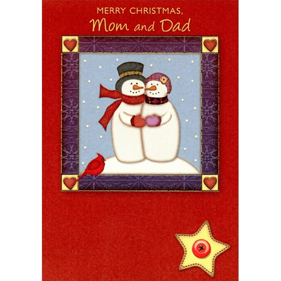 Designer Greetings Hugging Snowman Couple : Purple Frame with Heart Corners Mom and Dad Christmas Card