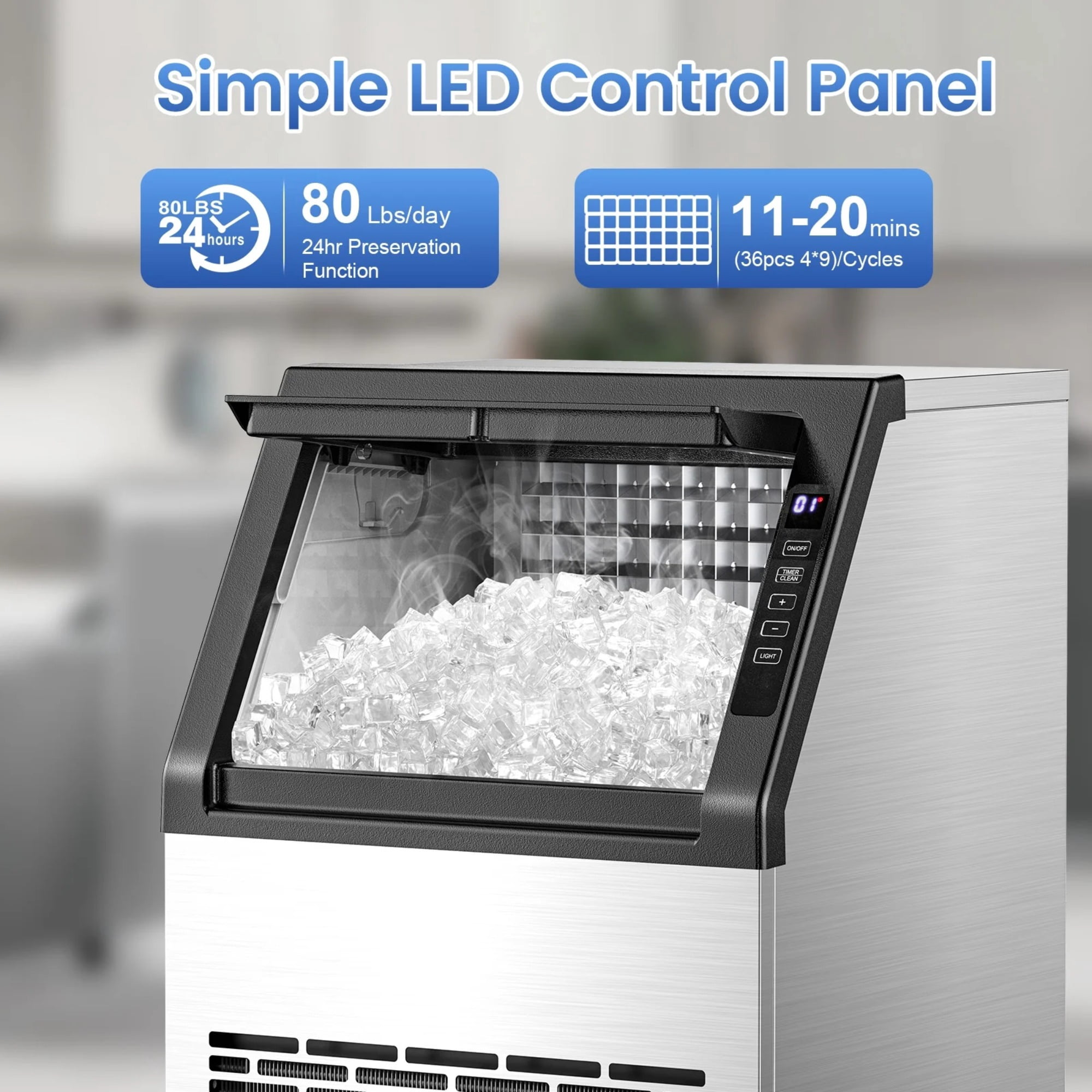 Auseo Commercial Ice Maker 80Lbs/24H,Freestanding/Built-in Ice Machine with 28 lb Storage Bin in Silver,Stainless Steel