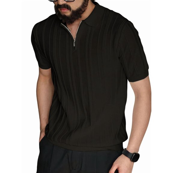 Men's Quarter Zip Knit Short Sleeve Shirt Ribbed Textured Casual Golf Top