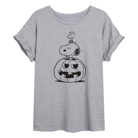 Peanuts - Jack-O-Lantern Snoopy and Woodstock - Juniors Oversized Graphic T-Shirt