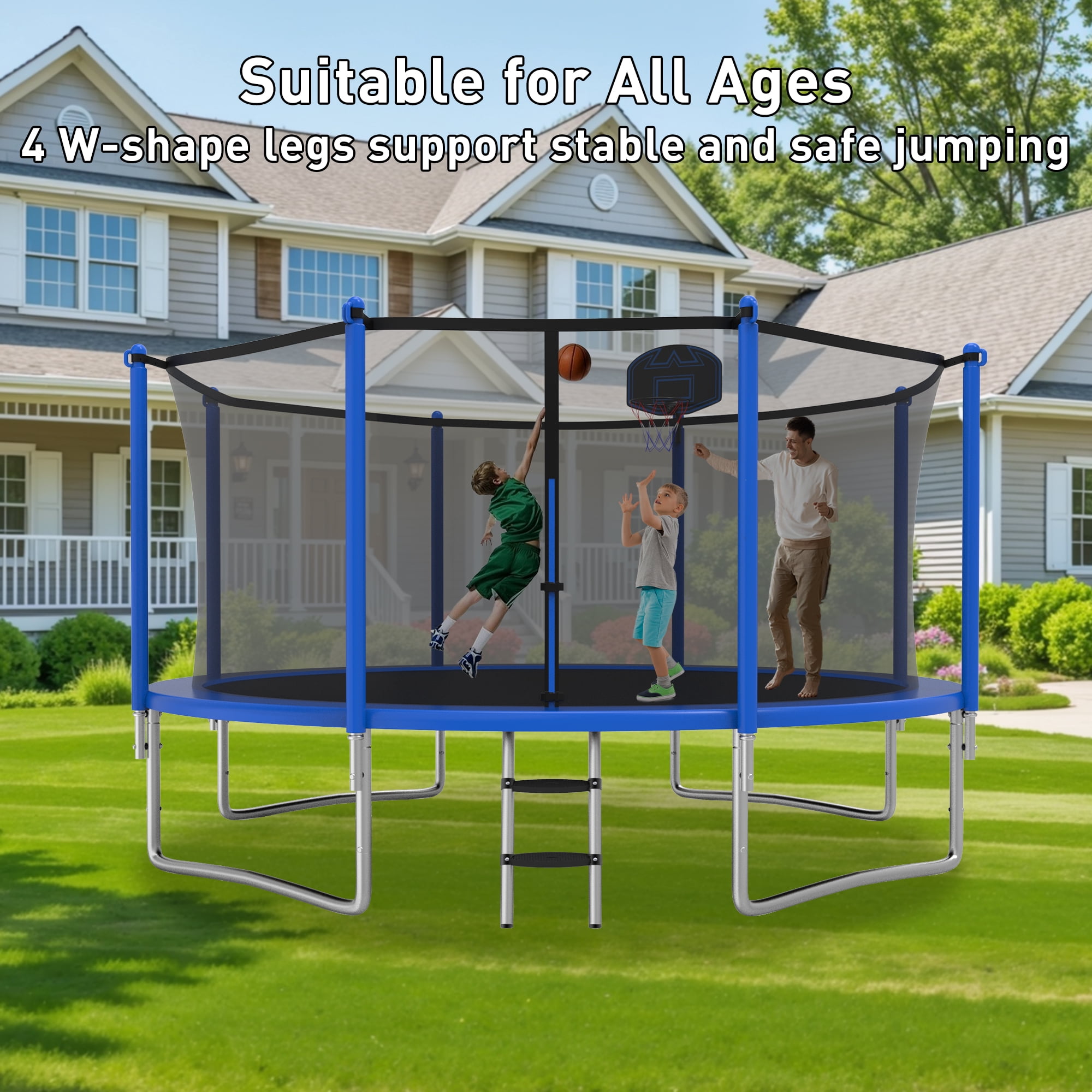 XMIKA Trampolines 14FT 15FT 16FT, Trampolines for 4-6 Kids/1-2 Adults, 1400LBS Outdoor Trampolines with Enclosure Net, Basketball Hoop, Ladder, Heavy Duty Recreational Trampoline, Fast Assembly