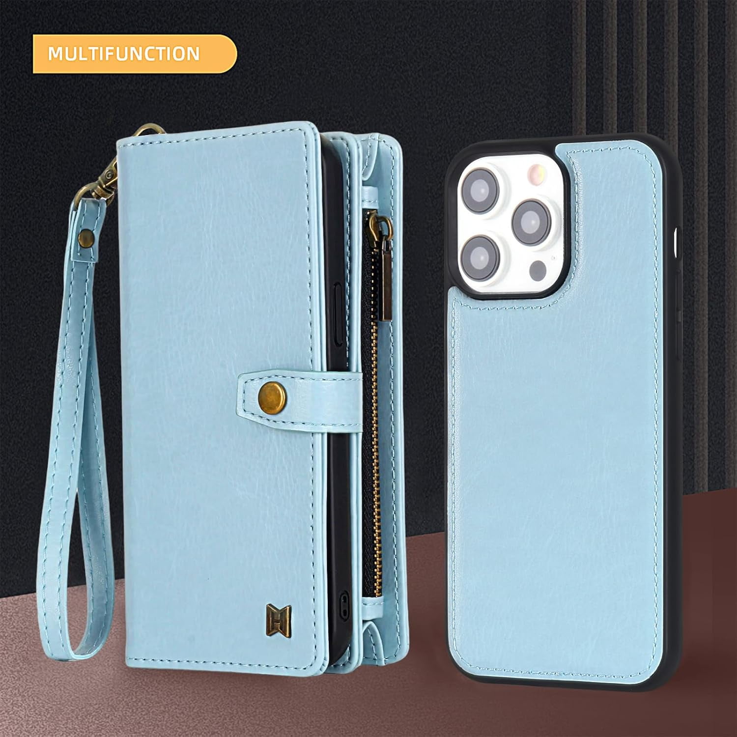 Phone Case Wallet Case Compatible for iPhone 15,iPhone 15 Multifunctional 2 in 1 Magnetic Case Wallet,Durable PU Leather Flip Lanyard Strap Wristlet Zipper Card Holder  for iPhone 15