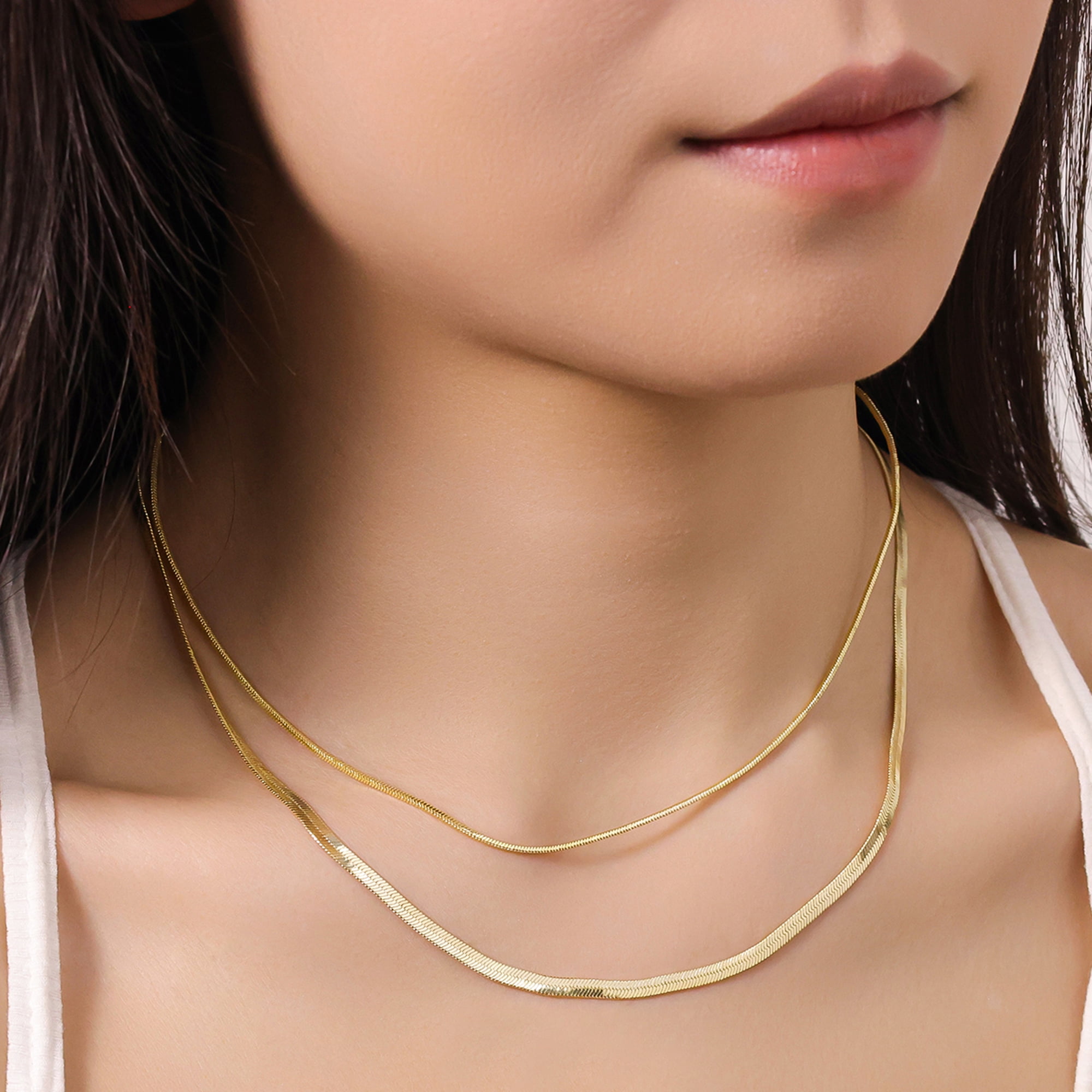 Free Assembly Women's Demi Fine 14K Gold Plated Herringbone Layered Necklace Set, 15" + 2" Extender; 16" + 2" extender, 2-Pieces