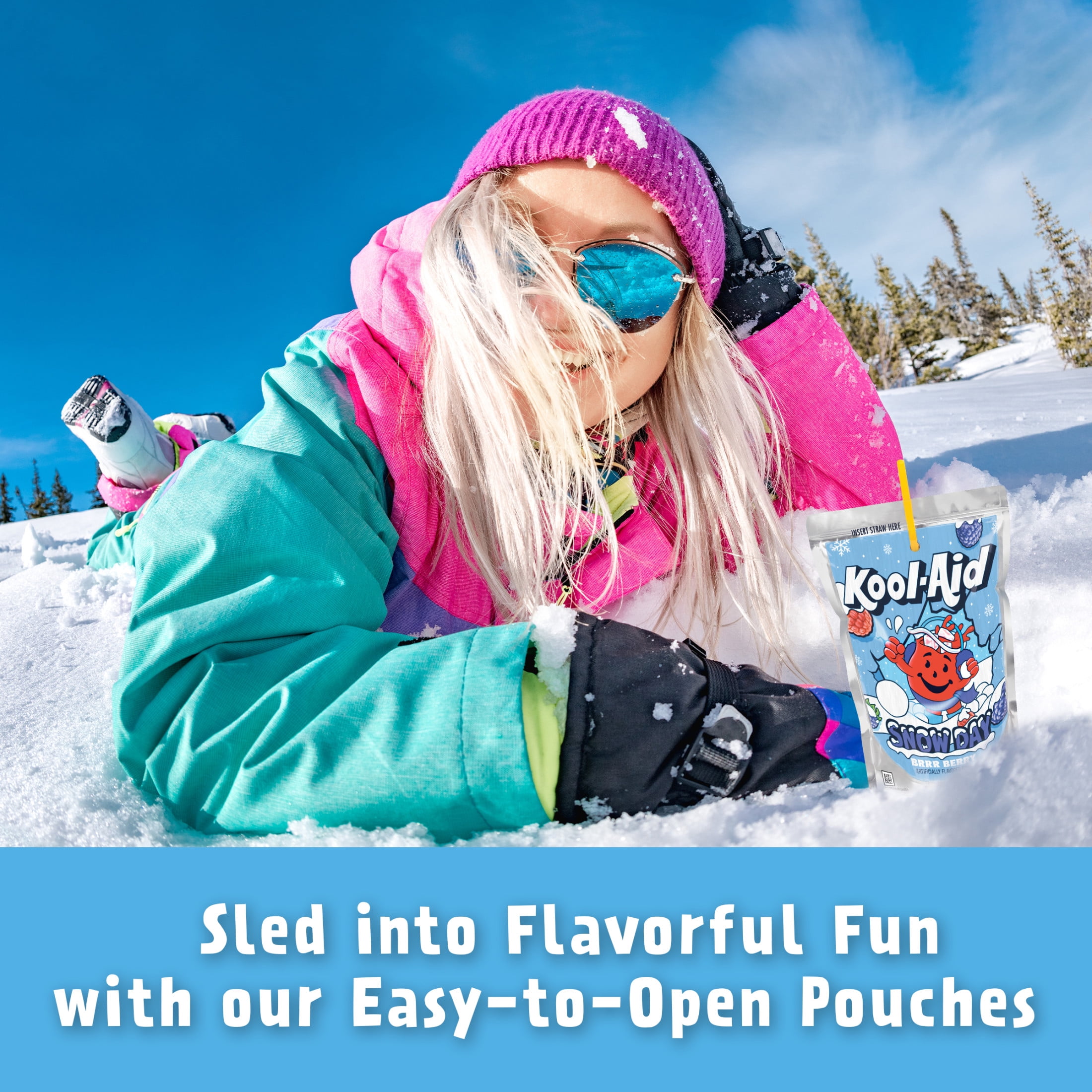 (4 pack) Kool-Aid Snow Day Artificially Flavored Drink, 10 Pouches, for School Lunches and On-the-Go Hydration, Brrr Berry Artificially Flavored, Excellent Source of Vitamin C, 6 fl oz