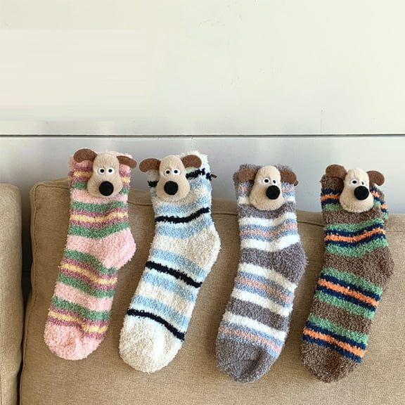 Womens Fun Fuzzy Slipper Socks Funny Fluffy Cartoon Animal Soft Socks Plush Coral Fleece Cozy Sleeping Sock 4Pairs