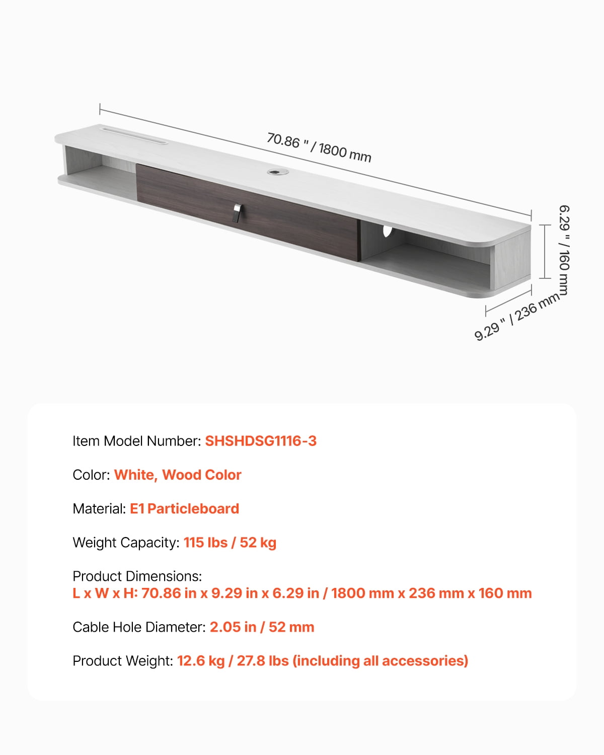 VEVOR Floating TV Stand, 70 in Wall Mount Entertainment Center with Cable Hole, Modern Floating TV Shelf with Storage Cabinet, Particle Board Console for DVD Player, Cable Box, Game Console, White
