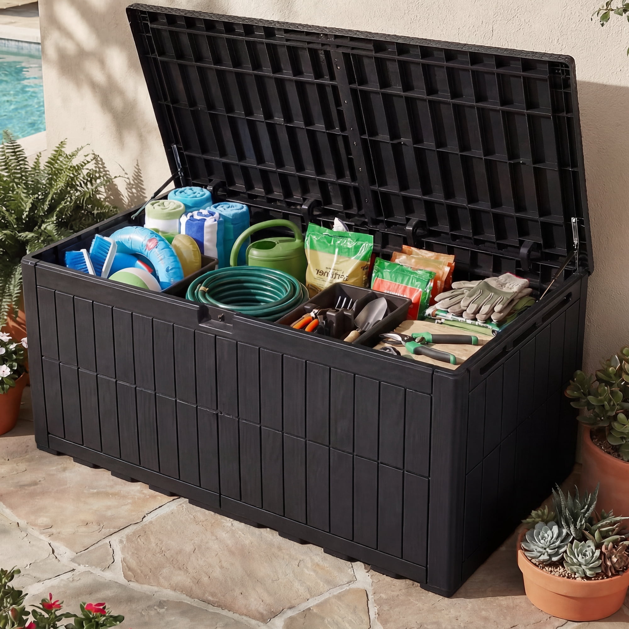 Uforic XXL 240 Gallon Outdoor Storage Deck Box, Waterproof Resin Patio Storage Container with Lockable Design, 3-Person Bench Seat for Garden Tools, Pool Supplies and Patio Cushions, Black