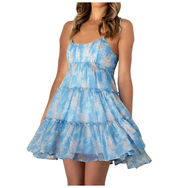 Kcodviy Robes pour Femmes de Printemps et d'Été, Robes Décontractées Style Villégiature Imprimées, Robes à Bretelles pour Femmes, Robe Longueur Midi, Robe Mini