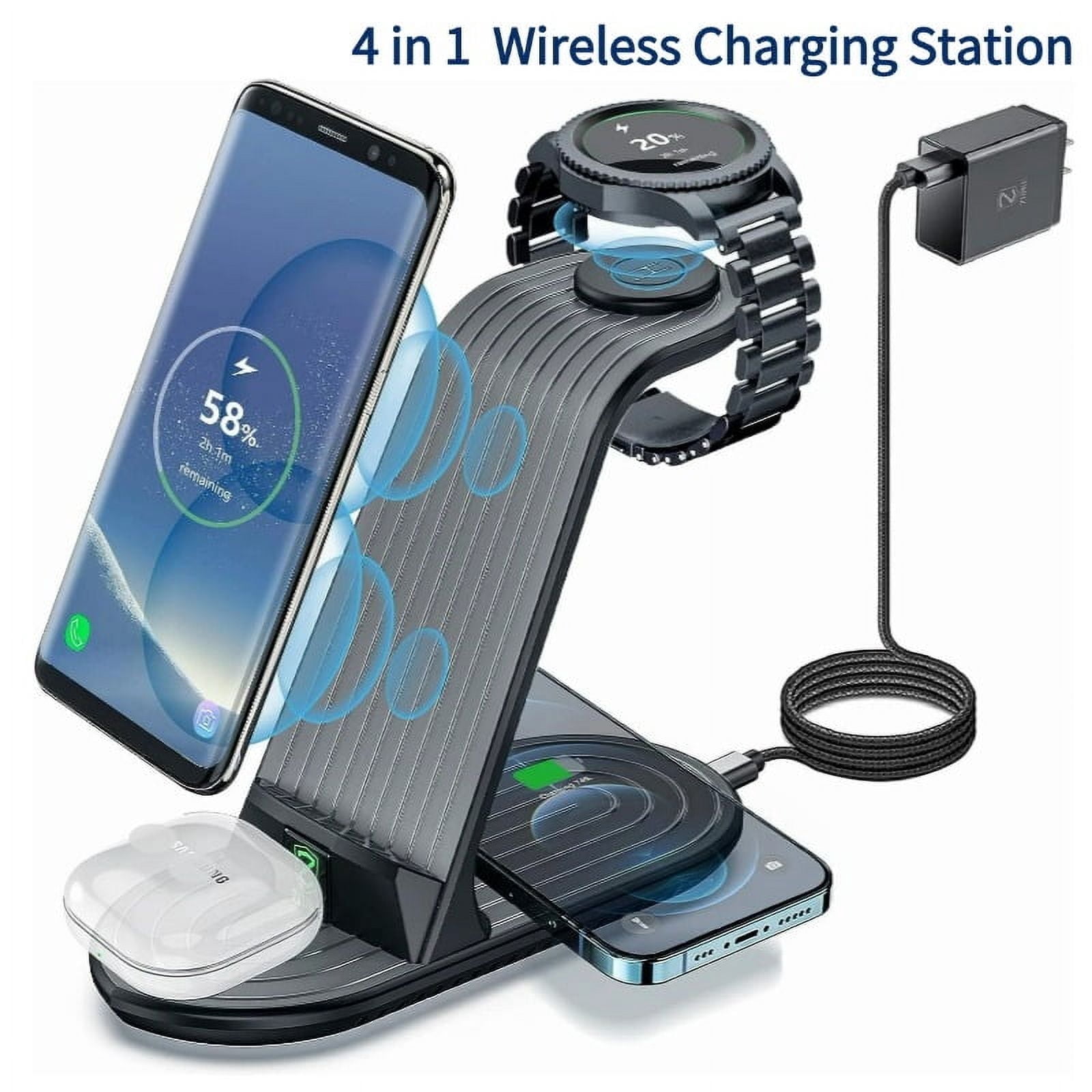 Kanstar 4 in 1 Qi-Certified Fast Wireless Charging Station, 20W Max Charging Stand for iPhone 15/14/13/12, Samsung Galaxy S24/S23, Galaxy Watch & AirPods/Buds, Black