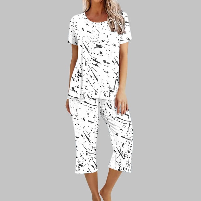 Économies d'Été Liquidation Iumwxz Pyjamas Décontractés Fluides Tenues Grande Taille Tenues d'Été Mode Graphique Col Rond Manches Courtes Taille Élastique Pantalons Raccourcis Ensembles Assortis pour Fête Dames