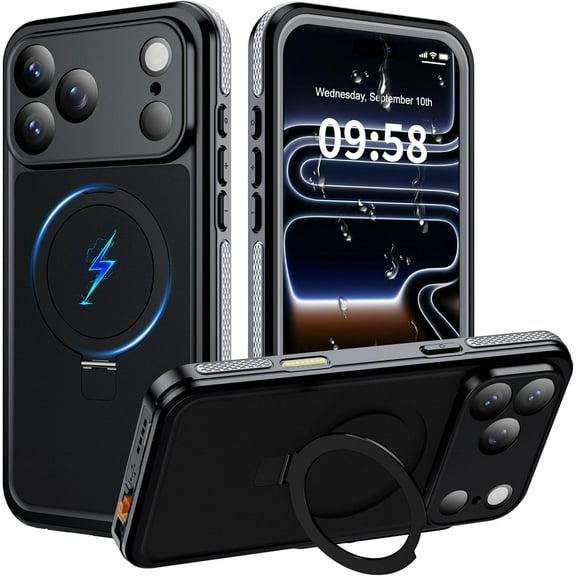 AICase Magnetic for iPhone 17 Pro Case Waterproof, Built in Screen Protector [Compatible with MagSafe] [Invisible Stand] [IP68 Underwater], Full Body Protection Phone Case 6.3'', Black
