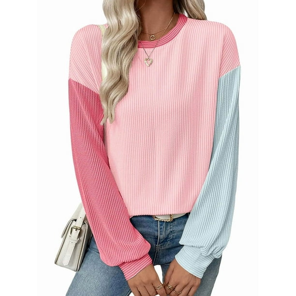 Blusas de Larga para Mujer, Moda de Otoño, Cuello Redondo, Bloque de Color, Punto Acanalado, Informal, Corte Holgado, Tipo Jersey. Rosa Azul L