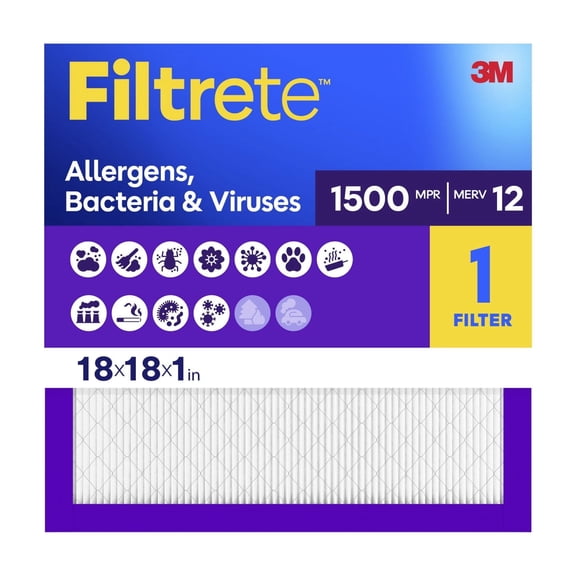 Filtrete 18x18x1 HVAC Furnace Air Filter, MPR 1500 MERV 12, Allergen, Bacteria and Virus, 1 Filter