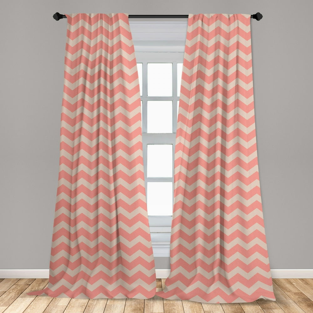 Peach Curtains 2 Panels Set, Zigzag Chevron Pattern Geometric Soft